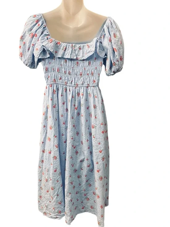 R Vivimos Blue Floral Cottagecore Dress Large 12 14 Milkmaid Puff Sleeve Smocked - Picture 5 of 9